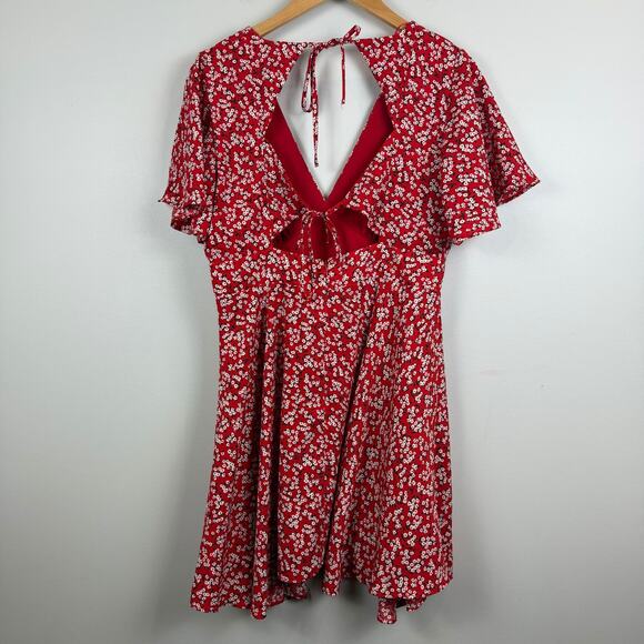 Socialite Mini Dress Womens Large Red White Floral Ditsy Cutout V-Neck Bohemian - Picture 3 of 10